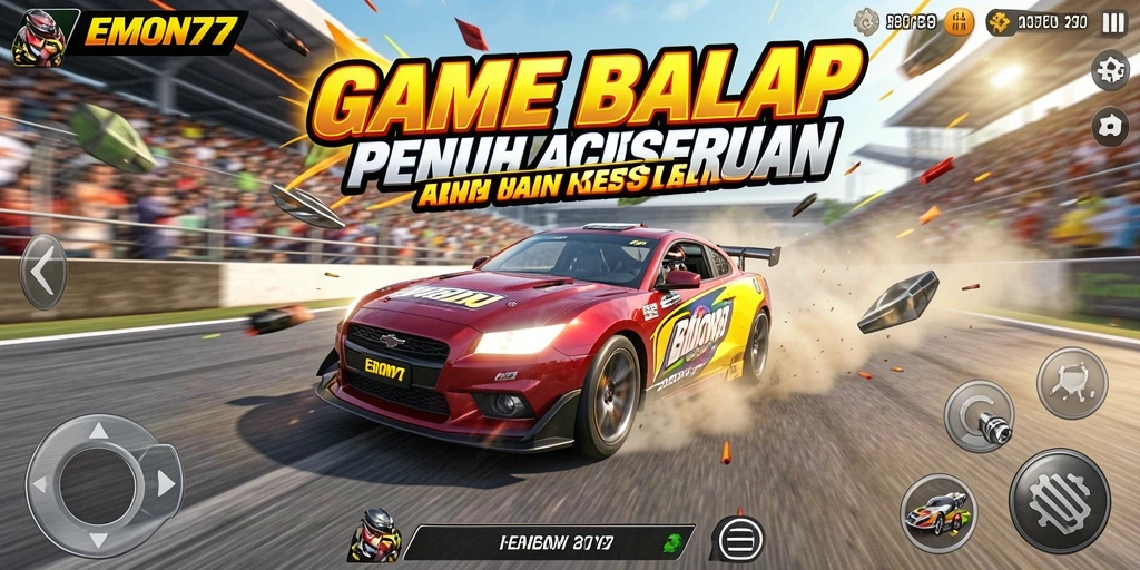 Screenshot EMON77 menampilkan aksi balapan mendebarkan di lintasan.