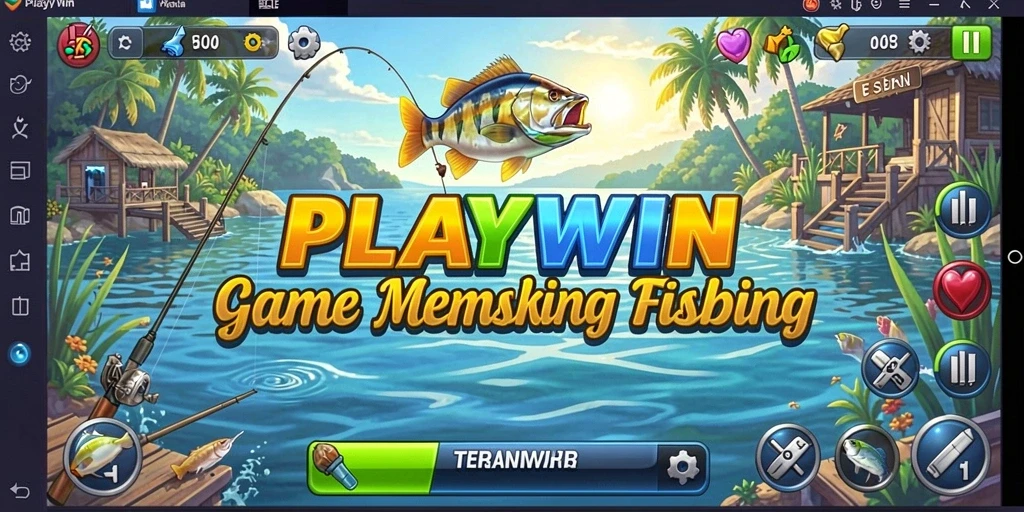 Screenshot gameplay PLAYWIN menampilkan aksi seru memancing di laut.