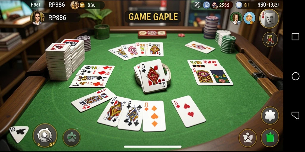 Tampilan screenshot utama RP886 menampilkan gameplay Gaple yang seru dan interaktif.