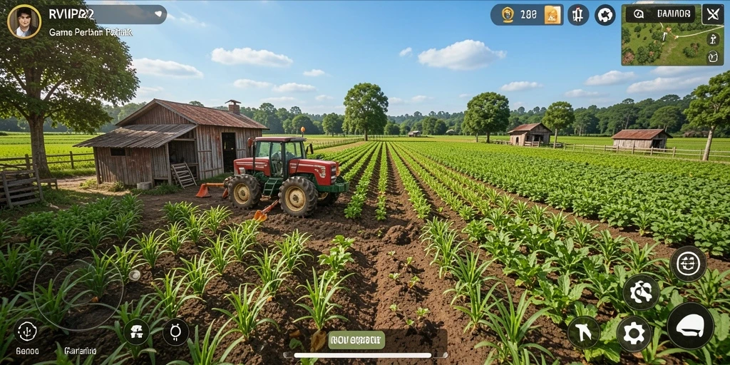Tangkapan layar gameplay RVIP2 menampilkan kebun yang subur dan hewan ternak yang bahagia.