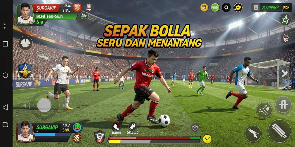 Screenshot dari SURGAVIP menampilkan aksi seru permainan sepak bola.
